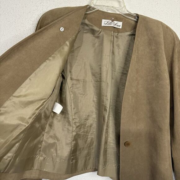 VTG Lilli Ann UltraSuede Jacket Coat Woman Tan Faux Fur‎ Collar 1 Button Union - Picture 13 of 14